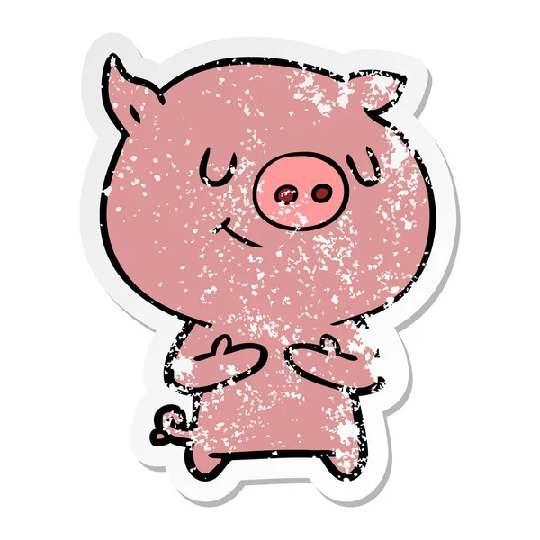 Stiker tertekan dari babi kartun bahagia - Stok Vektor