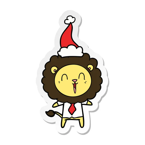 Laughing Lion Hand Drawn Sticker Cartoon Wearing Santa Hat — Stock Vector
