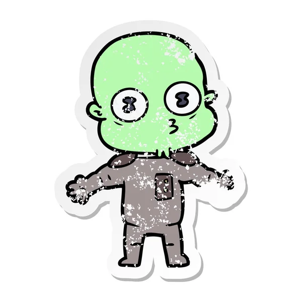 Distressed Sticker Cartoon Weird Bald Spaceman — Stock Vector