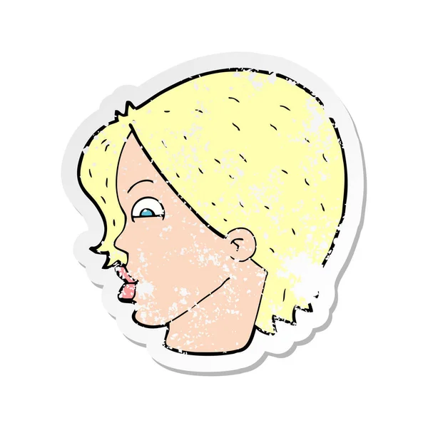 Retro Noodlijdende Sticker Van Het Vrouwelijke Gezicht Van Een Cartoon — Stockvector