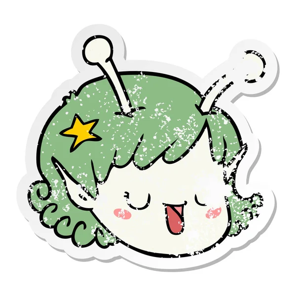 Distressed Sticker Cartoon Alien Space Girl Face — Stock Vector