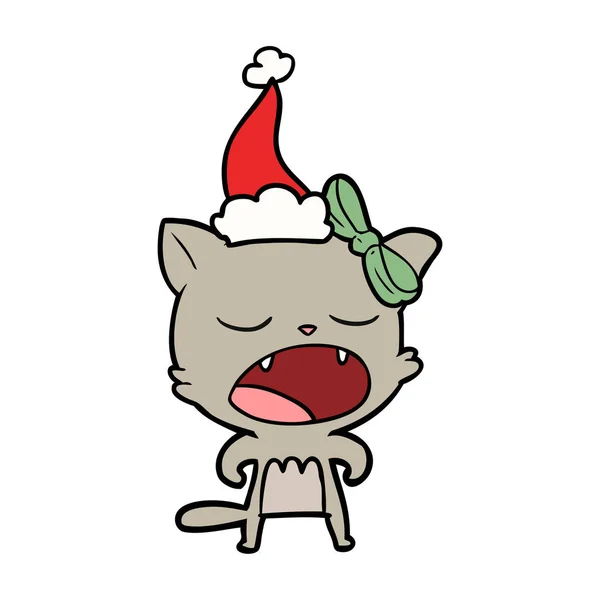 Dibujo Línea Dibujado Mano Gato Meowing Usando Sombrero Santa — Vector de stock