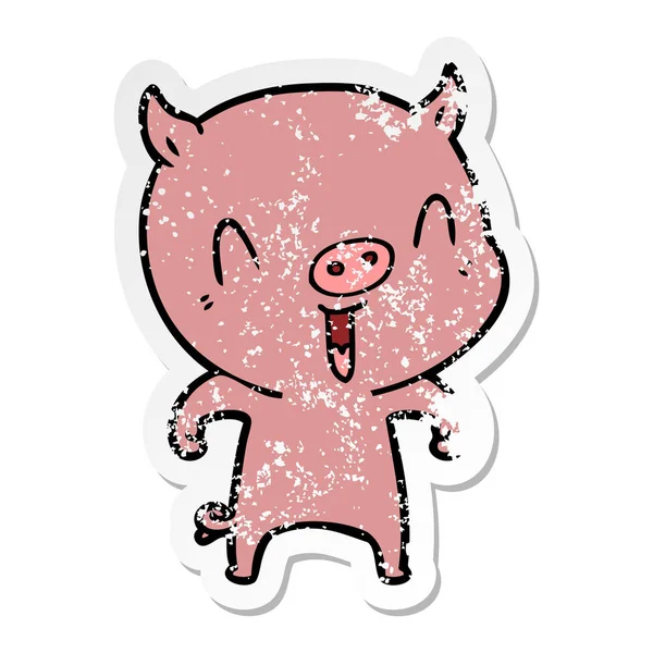 Distressed Sticker Happy Cartoon Pig — Stock Vector