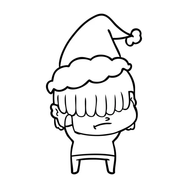 Handgezeichnete Linienzeichnung Eines Jungen Mit Unaufgeräumten Haaren Mit Weihnachtsmütze — Stockvektor
