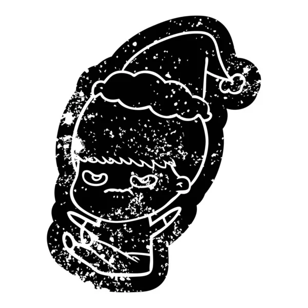 Skurrile Karikatur Verstörte Ikone Eines Jungen Mit Weihnachtsmütze — Stockvektor