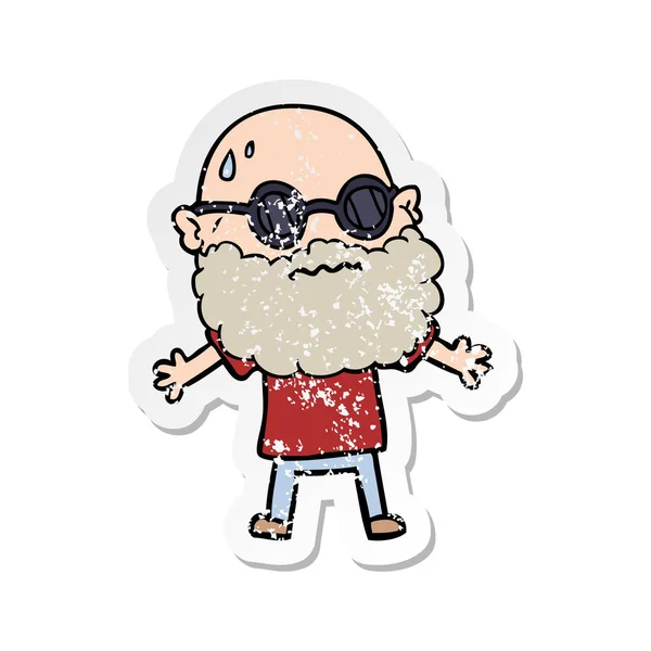 Calcomanía Angustiada Hombre Preocupado Dibujos Animados Con Barba Gafas Sol — Vector de stock