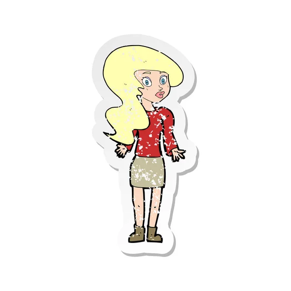 Retro Distressed Sticker Cartoon Woman Shrugging Shoulders — Stock Vector