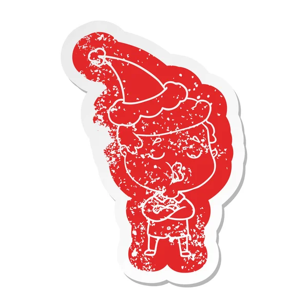 Noodlijdende Sticker Eigenzinnige Cartoon Van Een Man Praten Dragen Kerstmuts — Stockvector