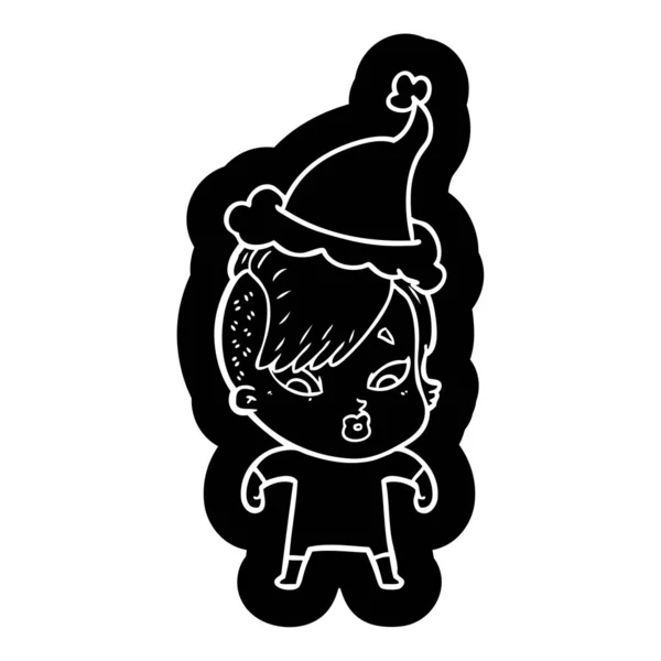 サンタの帽子をかぶってびっくり女の子の風変わりな漫画アイコン — ストックベクタ