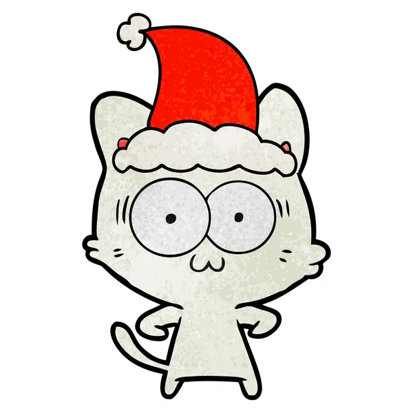 Dibujos animados texturizados de un gato sorprendido con sombrero de santa — Vector de stock