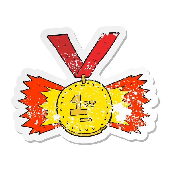 Retro Distressed Sticker Cartoon First Place Medal — Stock Vector