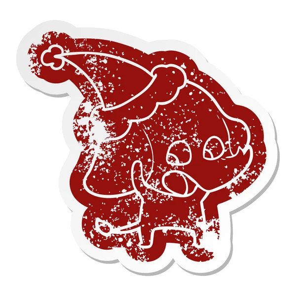 Lindo Peculiar Dibujo Animado Angustiado Pegatina Elefante Con Sombrero Santa — Vector de stock