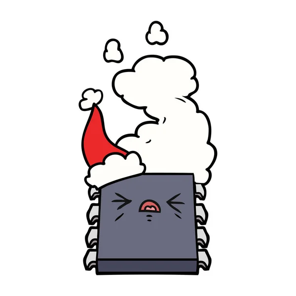 Dessin Main Une Puce Ordinateur Surchauffée Portant Chapeau Père Noël — Image vectorielle