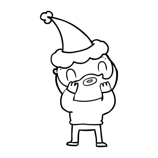 Dessin au trait d'un homme barbu portant un chapeau de Père Noël — Image vectorielle