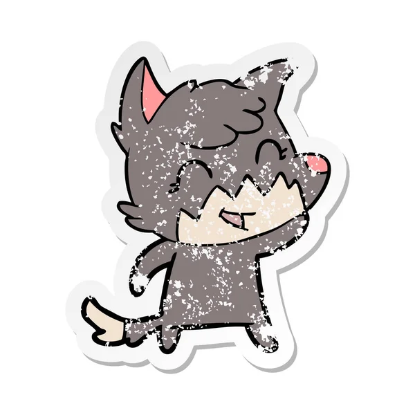 Distressed sticker of a happy cartoon fox — Stock Vector