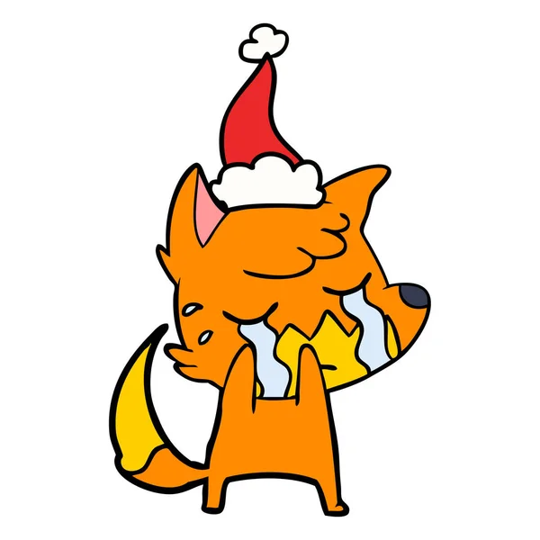 Gråtande Fox Handen Ritade Linje Ritning Ett Bär Santa Hatt — Stock vektor