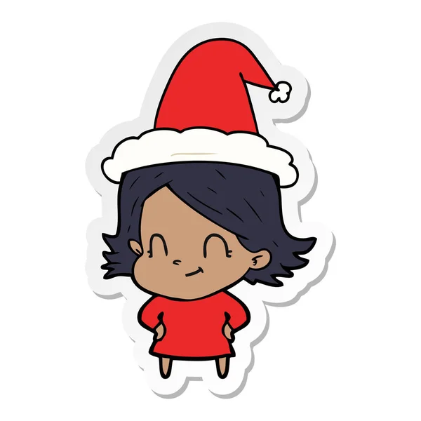 Aufkleber Karikatur eines freundlichen Mädchens mit Weihnachtsmütze — Stockvektor
