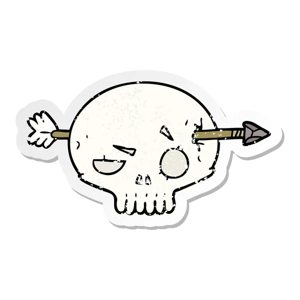 矢印の付いた漫画スカルの苦しめられたステッカー — ストックベクタ
