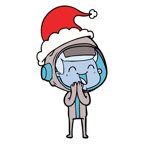 Glückliche Handgezeichnete Linienzeichnung Eines Astronauten Mit Weihnachtsmütze — Stockvektor