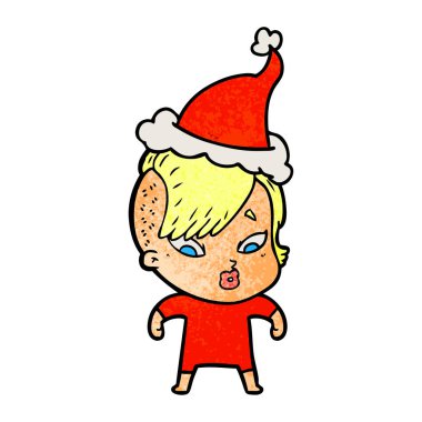 Noel Baba şapkası giyen bir sürpriz kızın dokulu çizgi film el çekilmiş