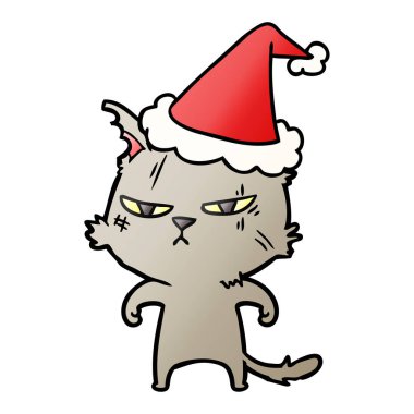 Noel Baba şapkası giyen bir kedi sert degrade çizgi film