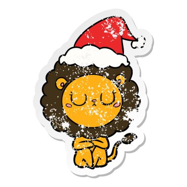 sıkıntılı etiket karikatür Noel Baba şapkası giyen aslan el çekilmiş