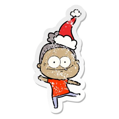 sıkıntılı etiket karikatür Noel Baba şapkası giyen bir mutlu yaşlı kadının el çekilmiş