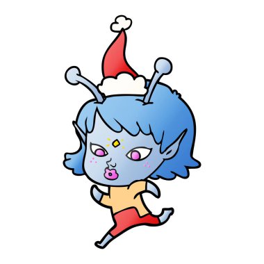 oldukça giyen Noel Baba şapkası çalışan yabancı bir kızın çizilmiş degrade çizgi film el