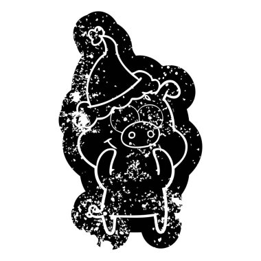 Noel Baba şapkası giyen bir domuz mutlu karikatür sıkıntılı simgesi