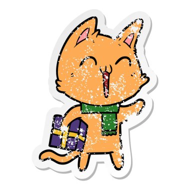 Noel hediye ile mutlu karikatür kedi sıkıntılı etiket