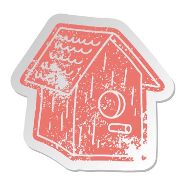 bir ahşap kuş evin sıkıntılı eski çizgi film etiketi