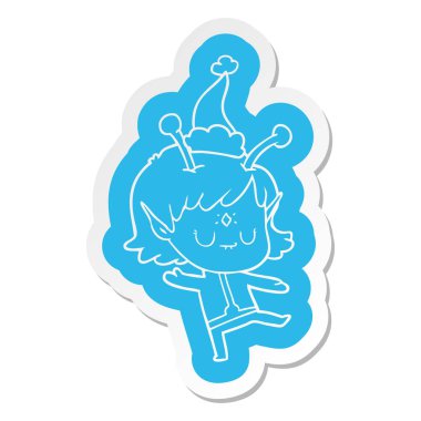 Noel Baba şapkası giyen bir uzaylı kız çizgi film etiketi