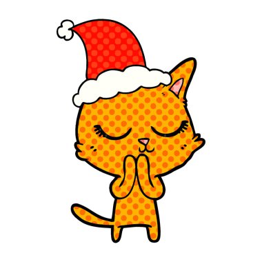 Noel Baba şapkası giyen bir kedi sakin elle çizilmiş çizgi roman tarzı gösteren resim