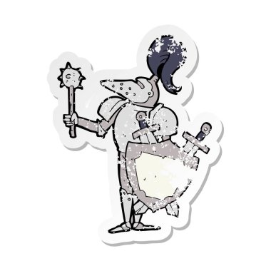 bir çizgi film Ortaçağ Knight ile kalkan Retro sıkıntılı etiket