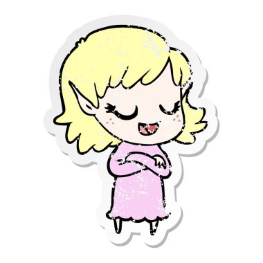 bir mutlu karikatür elf kızın sıkıntılı etiket