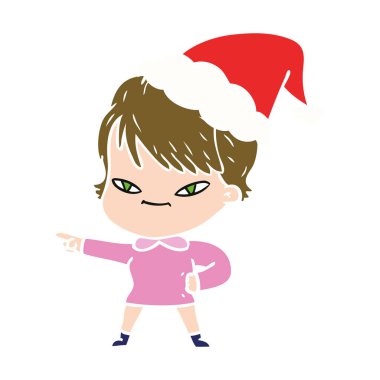 Noel Baba şapkası giyen bir mutlu kadın düz renkli çizimi