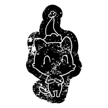 Noel Baba şapkası giyen bir mutlu kedi ilginç karikatür sıkıntılı simgesi