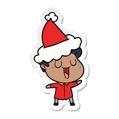 el çekilmiş etiket karikatür Noel Baba şapkası giyen bir adam gülüyor