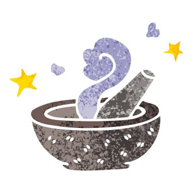 ilginç retro illüstrasyon tarzı çizgi film sihirli havaneli ve harç