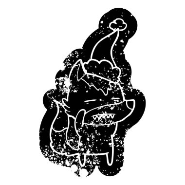 Noel Baba şapkası giyen diş gösterilen kurt ilginç karikatür sıkıntılı simgesi