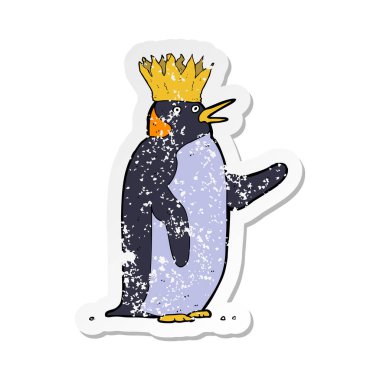 bir çizgi film İmparator penguen sallayarak retro sıkıntılı etiket