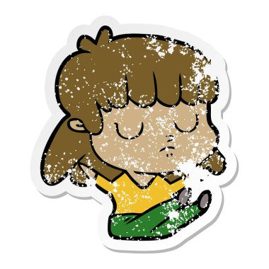 oturan bir karikatür kayıtsız kadının sıkıntılı etiket