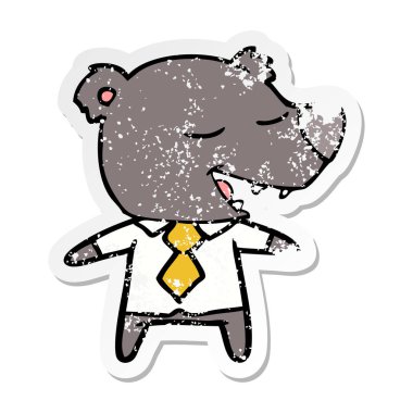 gömlek ve kravat takmış bir karikatür ayının sıkıntılı etiket