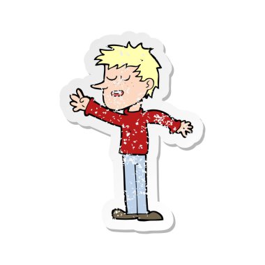 Retro sıkıntılı etiket ulaşan bir karikatür mutlu adam