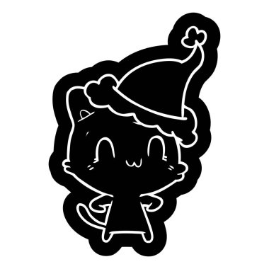 Noel Baba şapkası giyen bir mutlu kedi ilginç çizgi film simgesi