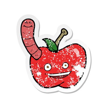 bir çizgi film Apple ile solucan Retro sıkıntılı etiket