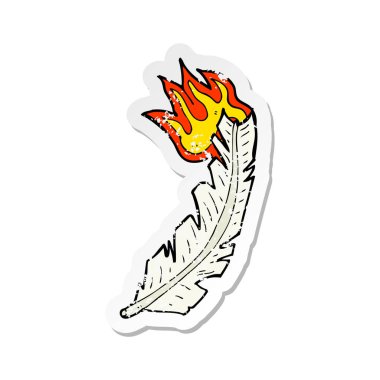 Retro sıkıntılı etiket tüy yanan bir karikatür