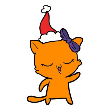 el çizim için bir kedi yay ile santa şapka kafasına çekilmiş.