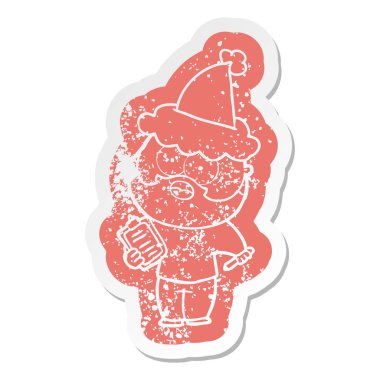 Pano ve santa şapka kalem ile sakallı bir adamın ilginç karikatür sıkıntılı etiket