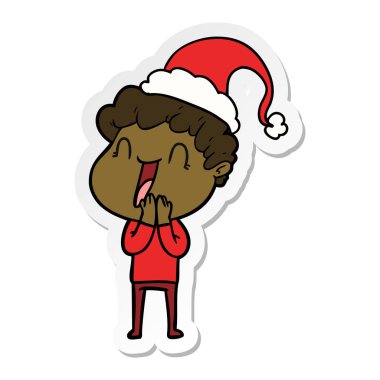 etiket karikatür Noel Baba şapkası giyen mutlu bir adamın el çekilmiş